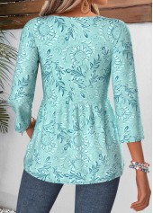 Cyan tops,Paisley tops,ROTITA Curved Hem Paisley Print Cyan V Neck Blouse