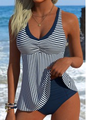 Navy swimwear,Striped swimwear,Geometric swimwear,ROTITA Navy Tummy Coverage Striped Mid Waisted Tankini Set