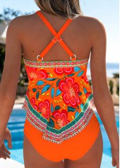 Orange swimwear,Floral swimwear,Plants swimwear,ROTITA Orange Ruched/shirred Floral Print Mid Waisted Tankini Set