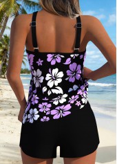 Black swimwear,Floral swimwear,Plants swimwear,ROTITA Black Patchwork Floral Print Tankini Top