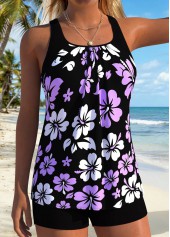 Black swimwear,Floral swimwear,Plants swimwear,ROTITA Black Patchwork Floral Print Tankini Top