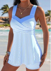 ROTITA Light Blue Surplice Striped Mid Waisted Tankini Set