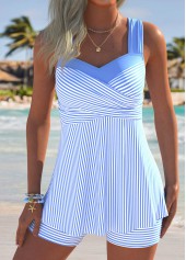 Light Blue swimwear,Striped swimwear,Geometric swimwear,ROTITA Light Blue Surplice Striped Mid Waisted Tankini Set