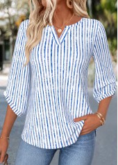 ROTITA Curved Hem Striped Blue Split Neck 3/4 Sleeve Blouse
