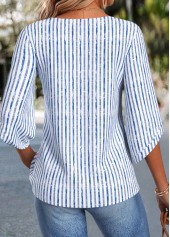 Blue tops,Striped tops,Geometric tops,ROTITA Curved Hem Striped Blue Split Neck 3/4 Sleeve Blouse
