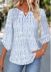 Blue tops,Striped tops,Geometric tops,ROTITA Curved Hem Striped Blue Split Neck 3/4 Sleeve Blouse