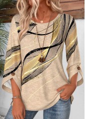 ROTITA Button Geometric Print Light Camel Round Neck Blouse