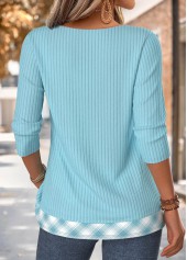 Blue tops,Plaid tops,Geometric tops,ROTITA Fake 2in1 Plaid Blue V Neck T Shirt