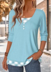 Blue tops,Plaid tops,Geometric tops,ROTITA Fake 2in1 Plaid Blue V Neck T Shirt