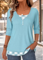 ROTITA Fake 2in1 Plaid Blue V Neck T Shirt