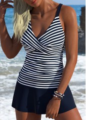Navy swimwear,Striped swimwear,Geometric swimwear,ROTITA Navy Surplice Striped Mid Waisted Tankini Set