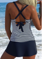 Navy swimwear,Striped swimwear,Geometric swimwear,ROTITA Navy Surplice Striped Mid Waisted Tankini Set