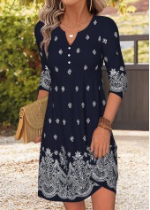 Navy dresses,Tribal dresses,Everyday dresses,Casual dresses,ROTITA Navy Tribal Print Patchwork Short Split Neck Dress