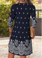 Navy dresses,Tribal dresses,Everyday dresses,Casual dresses,ROTITA Navy Tribal Print Patchwork Short Split Neck Dress