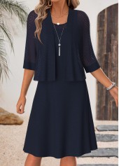 ROTITA Navy Tummy Coverage Round Neck Dress and Cardigan