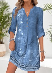 ROTITA Blue Tribal Print Tummy Coverage Short Split Neck Dress