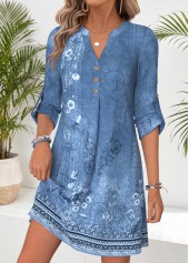 Blue dresses,Tribal dresses,Everyday dresses,Casual dresses,ROTITA Blue Tribal Print Tummy Coverage Short Split Neck Dress