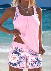 Light Pink swimwear,Floral swimwear,Plants swimwear,ROTITA Light Pink Drawstring Floral Print Mid Waisted Tankini Set