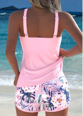 Light Pink swimwear,Floral swimwear,Plants swimwear,ROTITA Light Pink Drawstring Floral Print Mid Waisted Tankini Set