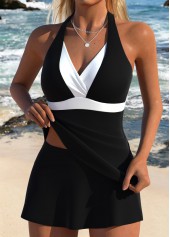 Black swimwear,Contrast Color swimwear,ROTITA Black Fake 2in1 Mid Waisted Tankini Set