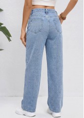 Denim Blue bottoms,Plain Color bottoms,ROTITA Denim Blue Straight Leg Zipper Fly High Waisted Jeans