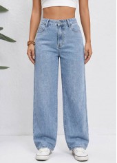 Denim Blue bottoms,Plain Color bottoms,ROTITA Denim Blue Straight Leg Zipper Fly High Waisted Jeans