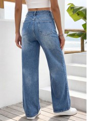 Denim Blue bottoms,Plain Color bottoms,ROTITA Denim Blue Wide Leg Zipper Fly High Waisted Jeans