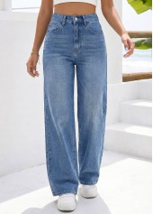 Denim Blue bottoms,Plain Color bottoms,ROTITA Denim Blue Wide Leg Zipper Fly High Waisted Jeans