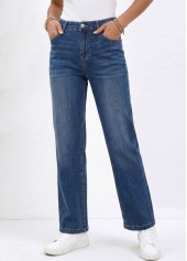 Denim Blue bottoms,Plain Color bottoms,ROTITA Denim Blue Straight Leg Zipper Fly High Waisted Jeans