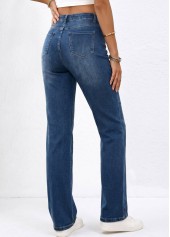 Denim Blue bottoms,Plain Color bottoms,ROTITA Denim Blue Straight Leg Zipper Fly High Waisted Jeans