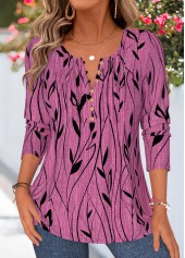 ROTITA Tuck Stitch Floral Print Violet Split Neck T Shirt