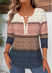 ROTITA Tuck Stitch Striped Multi Color Split Neck T Shirt