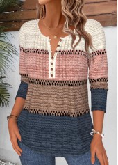 Multi Color tops,Striped tops,Geometric tops,ROTITA Tuck Stitch Striped Multi Color Split Neck T Shirt
