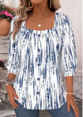 ROTITA Button Geometric Print Blue Square Neck T Shirt