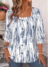 Blue tops,Geometric tops,ROTITA Button Geometric Print Blue Square Neck T Shirt