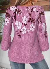 Violet tops,Floral tops,Plants tops,ROTITA Button Floral Print Violet Round Neck 3/4 Sleeve Blouse