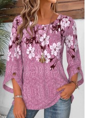 Violet tops,Floral tops,Plants tops,ROTITA Button Floral Print Violet Round Neck 3/4 Sleeve Blouse