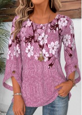 ROTITA Button Floral Print Violet Round Neck 3/4 Sleeve Blouse
