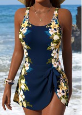 Navy swimwear,Floral swimwear,Plants swimwear,ROTITA Navy Tie Floral Print One Piece Swimdress