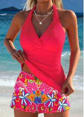 Hot Pink swimwear,Floral swimwear,Plants swimwear,ROTITA Hot Pink Fake 2in1 Floral Print Tankini Set