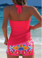Hot Pink swimwear,Floral swimwear,Plants swimwear,ROTITA Hot Pink Fake 2in1 Floral Print Tankini Set