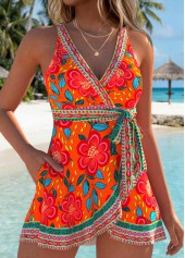 Orange swimwear,Floral swimwear,Plants swimwear,ROTITA Orange Layered Floral Print One Piece Swimdress