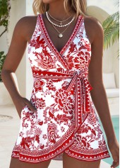 ROTITA Brick Red Bowknot Random Floral Print One Piece Swimdress