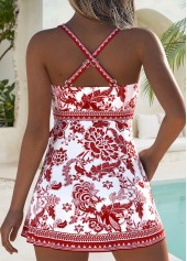 Brick Red swimwear,Plants swimwear,Floral swimwear,ROTITA Brick Red Bowknot Random Floral Print One Piece Swimdress