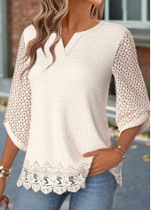 Beige tops,Plain Color tops,ROTITA Curved Hem Beige Split Neck 3/4 Sleeve Blouse