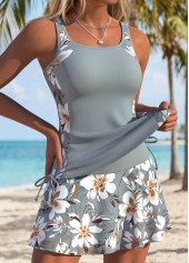 Light Grey swimwear,Floral swimwear,Plants swimwear,ROTITA Light Grey Patchwork Floral Print Mid Waisted Tankini Set
