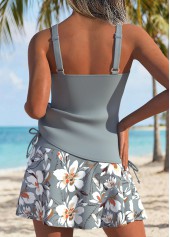 Light Grey swimwear,Floral swimwear,Plants swimwear,ROTITA Light Grey Patchwork Floral Print Mid Waisted Tankini Set