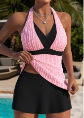 Light Pink swimwear,Contrast Color swimwear,ROTITA Light Pink Fake 2in1 Mid Waisted Tankini Set