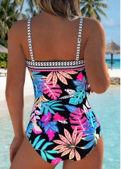 Black swimwear,Floral swimwear,Plants swimwear,ROTITA Black Tummy Coverage Floral Print Mid Waisted Tankini Set