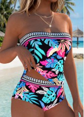 Black swimwear,Floral swimwear,Plants swimwear,ROTITA Black Tummy Coverage Floral Print Mid Waisted Tankini Set